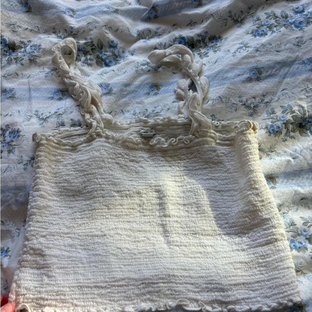 aerie White Smocked Ruffle Tank Top